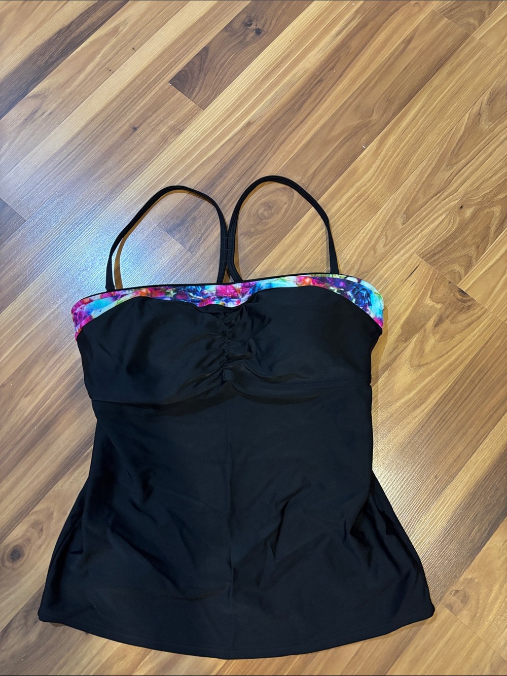 Athleta Black Swim Top with Rainbow Tie-Dye Trim